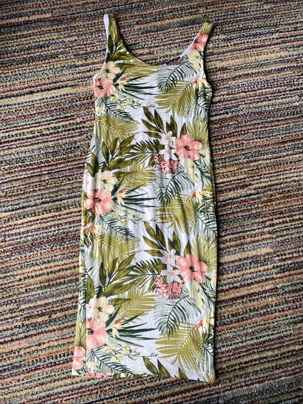 Popular Basics Olive Green & Pink Tropical Midi Dress
